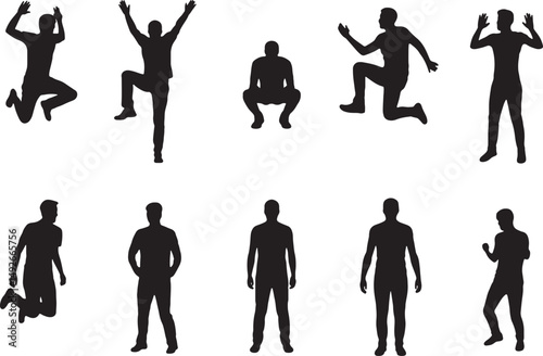 Diverse male silhouettes action poses jumping running