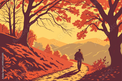 33 dramatic autumn landscape with person walking down path, vibrant orange and red foliage, sunbeams and golden light, intricate details, stunning scenic vista, cinematic mood, highly detailed, photor
