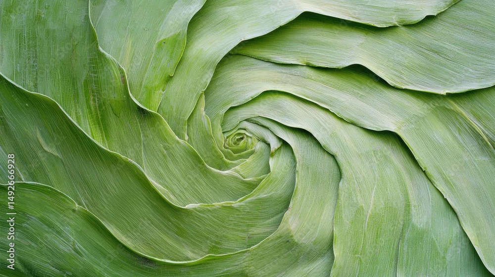 Obraz premium Close-up of a green leaf with a spiral pattern. the leaf appears to be a type of agave plant, with long, thin leaves that are arranged in a way that creates a sense of depth and dimension.