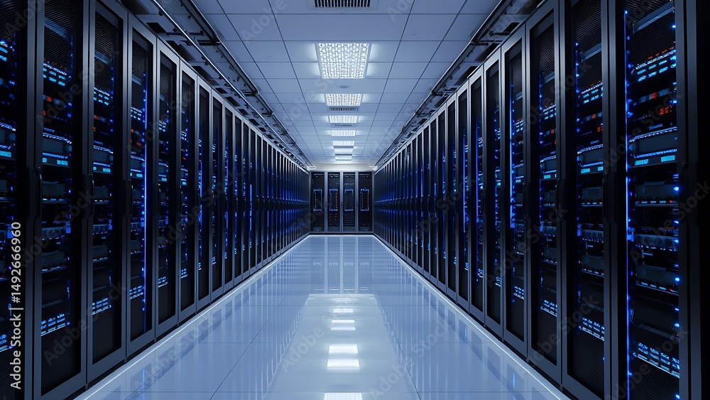 Fototapeta premium A Modern Data Center Server Room with Rows of High-Tech Servers Illuminated by Blue Lights Reflecting on the Polished Floor showcasing Advanced Technology Infrastructure