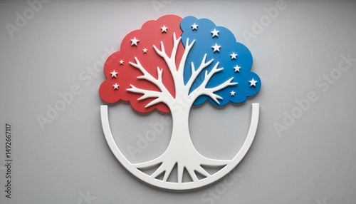Tree of Life with Red and Blue Gradient Canopy, Symbolizing U.S. Independence and Insurance Concepts