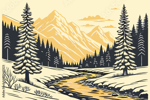 34 wintry landscape, snow-covered stream, pine trees, mountains in background, warm sunset lighting, serene atmosphere, detailed realistic landscape, photorealistic style, award-winning photograph