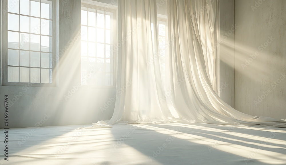 Obraz premium Sunlight streams through sheer curtains in a bright room