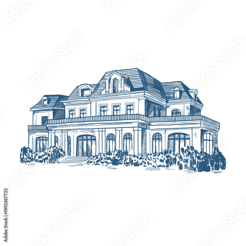 Toile de Jouy inspired wedding mansion illustration. Wedding hand dawn ceremony icon. Elegant line art minimalist venue sketch. Elements for wedding, monogram, invitation, greeting, birthday card.