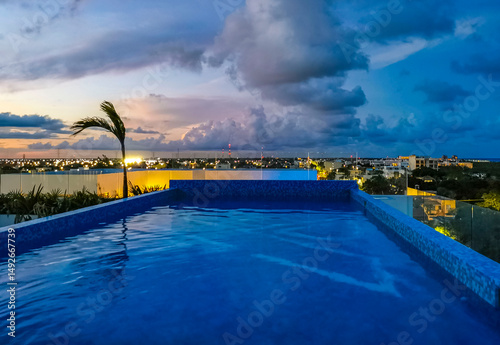 Cityscape caribbean ocean beach night panorama view Playa del Carmen.