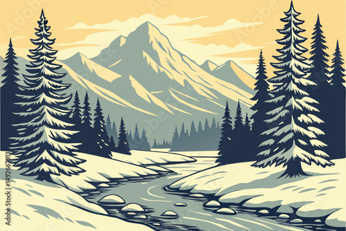 34 wintry landscape, snow-covered stream, pine trees, mountains in background, warm sunset lighting, serene atmosphere, detailed realistic landscape, photorealistic style, award-winning photograph