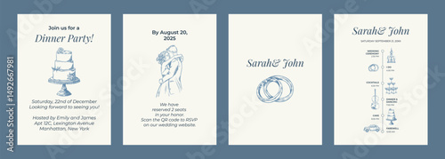 Toile de Jouy inspired wedding wedding invitation. Wedding hand dawn ceremony card. Elegant line art minimalist venue sketch. Elements for wedding, monogram, invitation, greeting, birthday card.