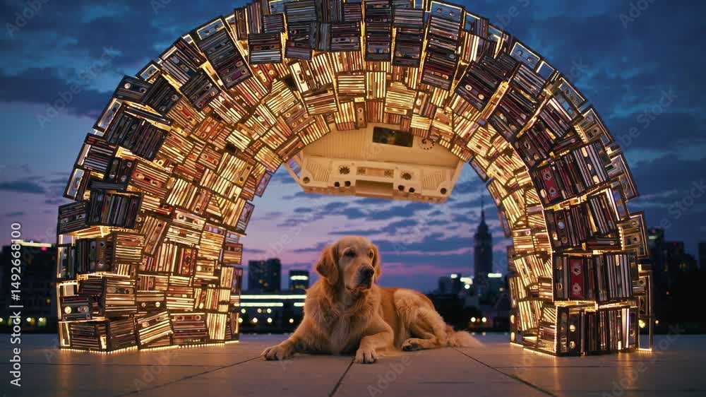 Golden Retriever allongé sous une arche lumineuse composée de cassettes audio vintage au crépuscule

