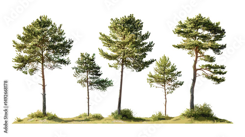 Set of Pinus contorta, lodgepole pine, shore pine, twisted pine, contorta pine, frontal isolated tree vector illustration, transparent background, evergreen forest, botanical.