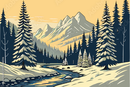 34 wintry landscape, snow-covered stream, pine trees, mountains in background, warm sunset lighting, serene atmosphere, detailed realistic landscape, photorealistic style, award-winning photograph