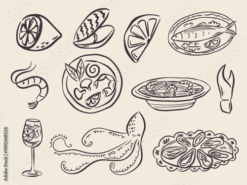 Whimsical hand drawn sea food illustrations in trendy whimsical style. Perfect doodle for quirky italian wedding holiday, poster, dinner and bar menu, bachelorette party, birthday invitation, sign