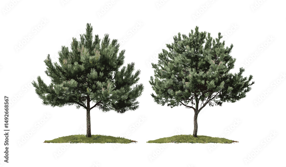 Obraz premium Set of Pinus lambertiana, Pinus ponderosa tree cutout png, vector illustration, conifer forest, pine tree silhouette, western pine species, nature clipart, evergreen trees.