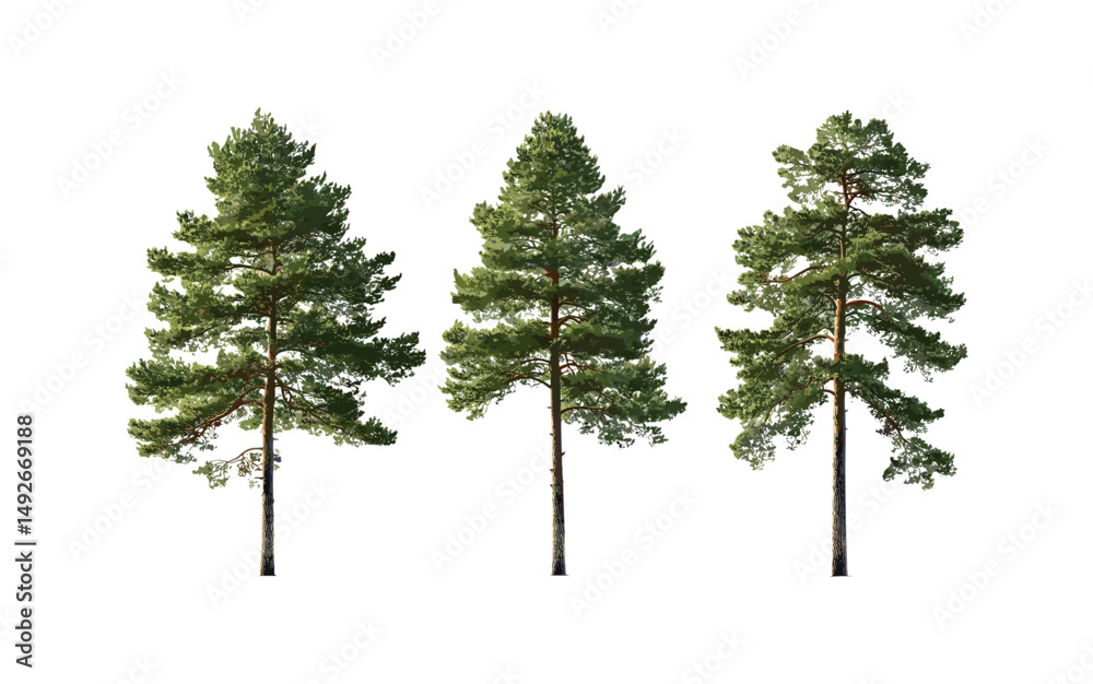 Set of Pinus ponderosa, ponderosa pine, western yellow-pine, bull pine, blackjack pine, tree isolated cutout, vector illustration, forestry, coniferous forest, natural landscape. Set of Pinus ponderosa, ponderosa pine, western yellow-pine, bull pine, blackjack pine, tree isolated cutout, vector illustration, forestry, coniferous forest, natural landscape.