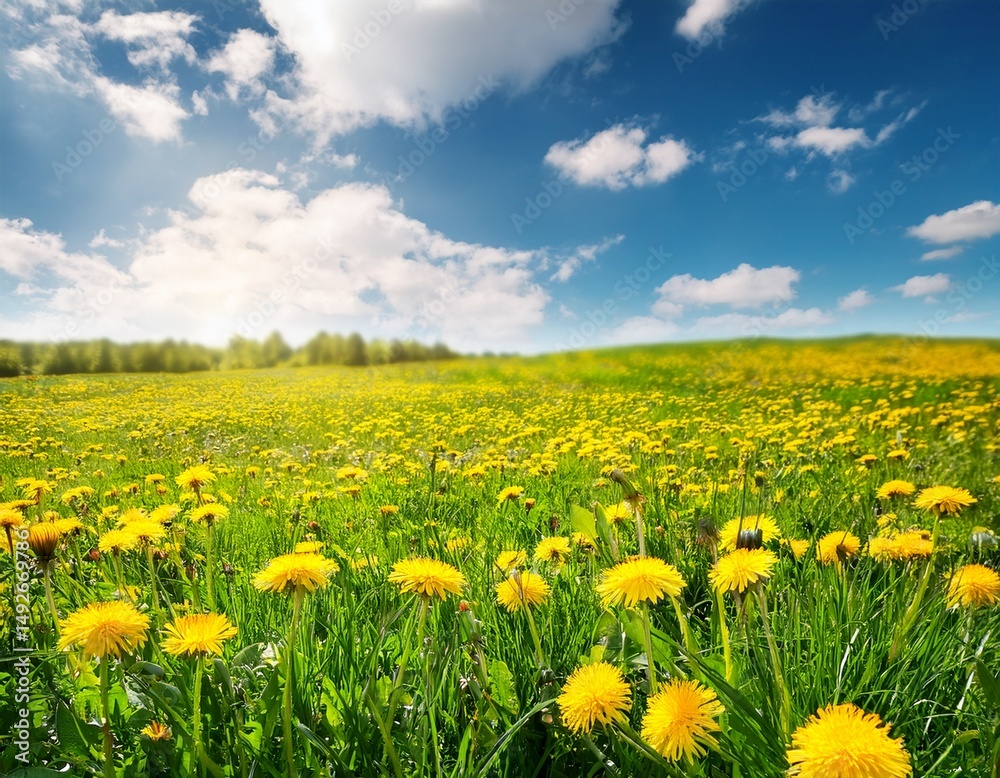 Fototapeta premium beautiful meadow field with fresh grass and yellow dandelion flowers in nature against a blurry blue sky with clouds summer spring perfect natural landscape