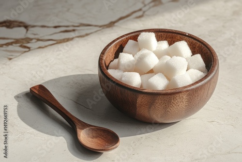 Wooden bowl filled with sugar cubes, next to a wooden spoon photo