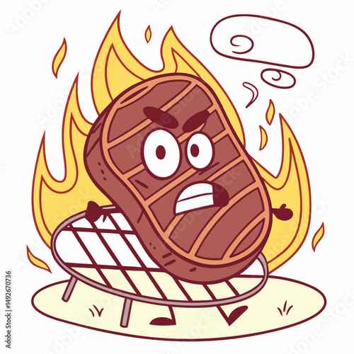 Angry steak character on grill, cartoon vector with flames