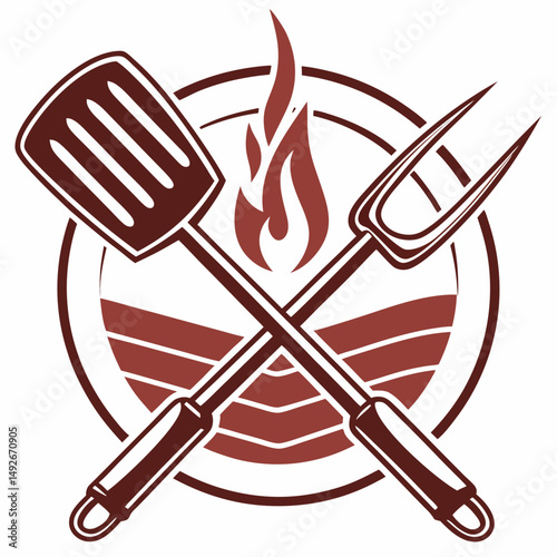 Grill master badge logo, crossed tongs and spatula, fire