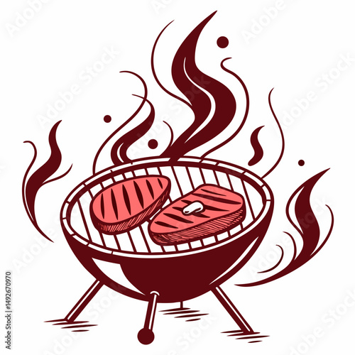 Bold grill icon, meat on grate, hot sizzling style
