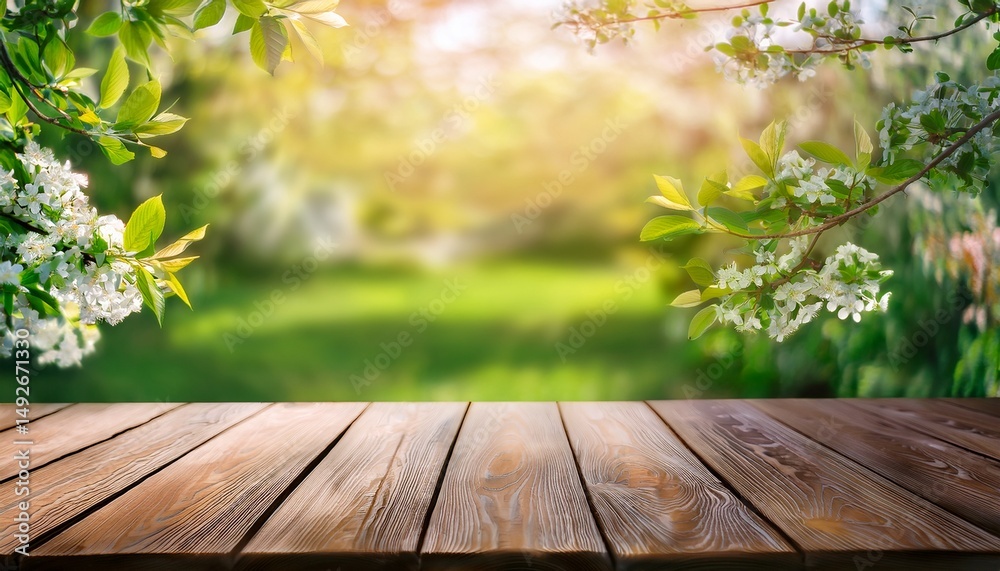 spring beautiful background with green lush young foliage and flowering branches with an empty wooden table on nature outdoors in sunlight in garden spring beautiful background with green lush young foliage and flowering branches with an empty wooden table on nature outdoors in sunlight in garden
