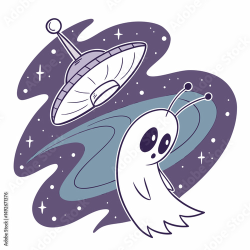 Alien ghost icon with antennas in space nebula background