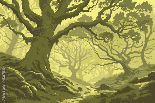 35 intricate, lush, verdant moss-covered forest floor, towering ancient tree with massive gnarled roots, beams of warm, golden light piercing through the canopy, atmospheric, ethereal, serene, dreamli