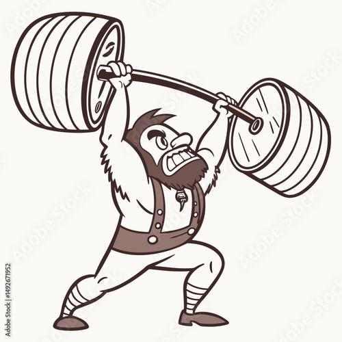 Strongman cartoon lifting massive weights, exaggerated muscles shining