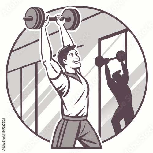 Muscular gym trainer lifting heavy dumbbells with confident smile