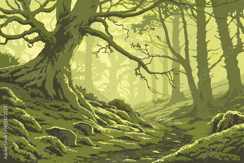 35 intricate, lush, verdant moss-covered forest floor, towering ancient tree with massive gnarled roots, beams of warm, golden light piercing through the canopy, atmospheric, ethereal, serene, dreamli
