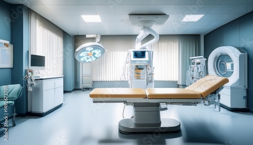 modern hospital cath lab pristine minimalist examination room with c arm fluoroscopy system sleek table bokeh effect stock photo