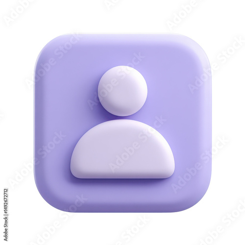 Icono de perfil de usuario minimalista en 3D sobre un cuadrado redondeado de color púrpura lavanda, en fondo transparente o blanco, concepto tecnologias