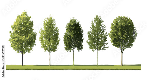 Populus nigra and Populus tomentosa frontal set trees isolated vector illustration, seasonal foliage, wild tree species, urban green spaces, botanical illustration, leaf texture.