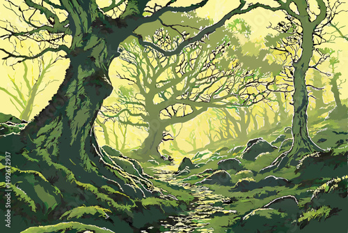 35 intricate, lush, verdant moss-covered forest floor, towering ancient tree with massive gnarled roots, beams of warm, golden light piercing through the canopy, atmospheric, ethereal, serene, dreamli