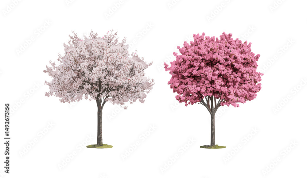 Fototapeta premium Frontal view of Prunus cerasifera and Prunus persica blossoming street trees isolated cutout, vector illustration, urban landscaping, flowering ornamental trees.