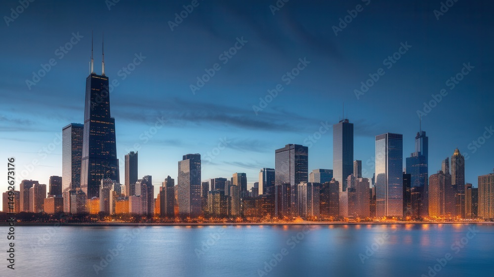 Obraz premium Chicago's Dazzling Skyline Reflects Serenity at Twilight on Lake Michigan