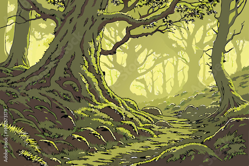 35 intricate, lush, verdant moss-covered forest floor, towering ancient tree with massive gnarled roots, beams of warm, golden light piercing through the canopy, atmospheric, ethereal, serene, dreamli