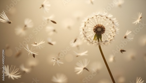 Close-up of dandelion  with soft natural light. Ideal for use in wellness and mindfulness content, natural product branding, motivational posters, greeting cards, book covers, eco-friendly campaigns, 