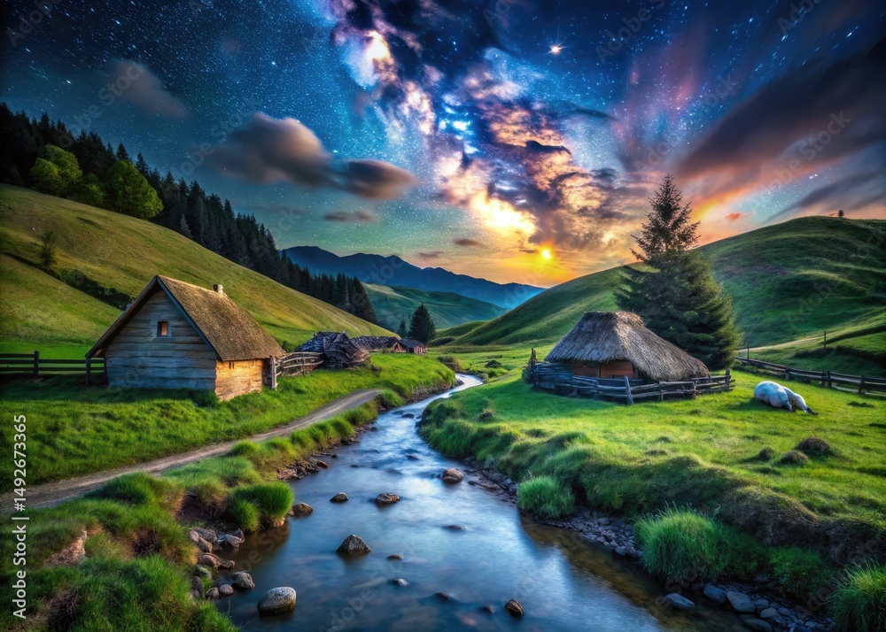 Fototapeta premium Romanian Sheepfold Long Exposure Photography, Moldavia Hills, Rural Landscape, Night Photography, Starry Sky, Dramatic Sky, Long Exposure Photography, Sheepfold at Night