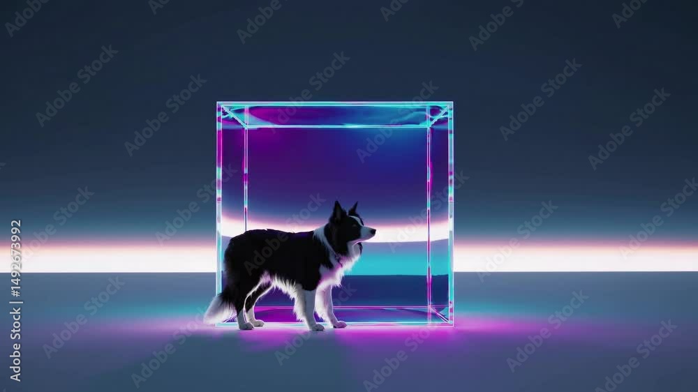 Chien noir et blanc dans un cube néon transparent sur fond minimaliste futuriste

