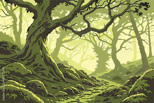 35 intricate, lush, verdant moss-covered forest floor, towering ancient tree with massive gnarled roots, beams of warm, golden light piercing through the canopy, atmospheric, ethereal, serene, dreamli
