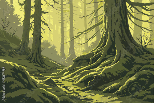 35 intricate, lush, verdant moss-covered forest floor, towering ancient tree with massive gnarled roots, beams of warm, golden light piercing through the canopy, atmospheric, ethereal, serene, dreamli