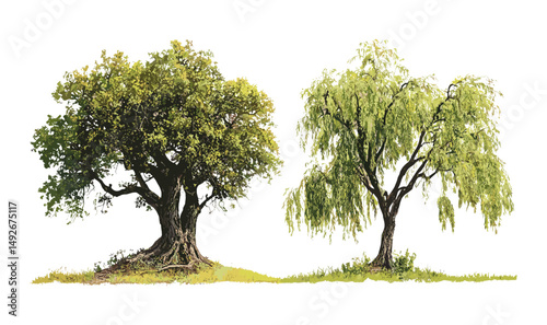 Swamp chestnut oak tree Quercus michauxii isolated cutout in sunny daylight, coastal plain willow Salix caroliniana, vector illustration, forest flora, native tree species.