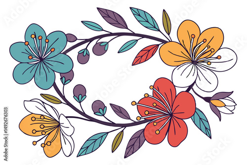 36 a wreath of colorful flowers, blooming florals in vibrant hues of blue, purple, red, orange and yellow, delicate petals, intricate designs, artistic floral arrangement, natural beauty, floral compo