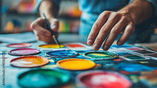 Artist meticulously mixing vibrant paints on a palette