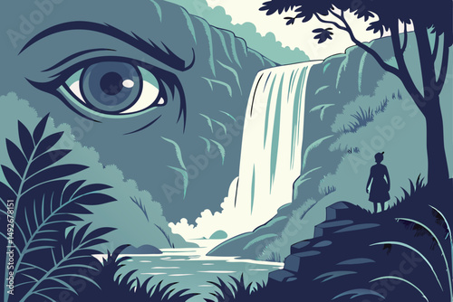 37 detailed, hyperrealistic, fantasy landscape, giant blue eye, waterfall, lush vegetation, mystical, magical, dreamlike, dramatic lighting, cinematic, epic, digital art