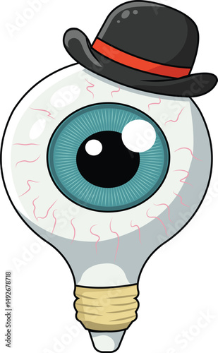 Cartoon illustration of a quirky eyeball character shaped like a lightbulb, wearing a black bowler hat with a red band. 
