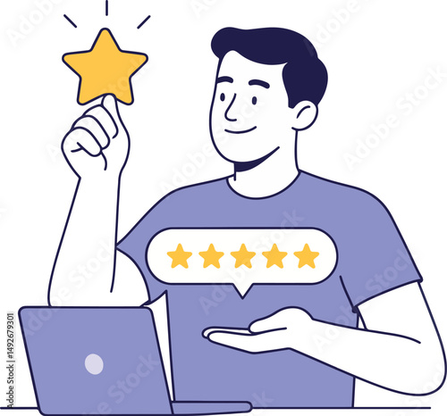 Customer Review Vector Illustration. Man holds a star, rates with stars on a laptop screen.