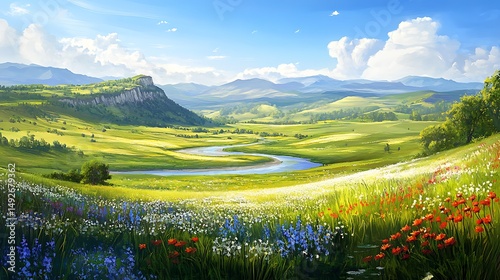 River flows through rolling hills with vibrant wildflowers under sunny sky for serene summer meadow landscape with natural beauty peaceful atmosphere bright colorful outdoor nature inspiring concept.