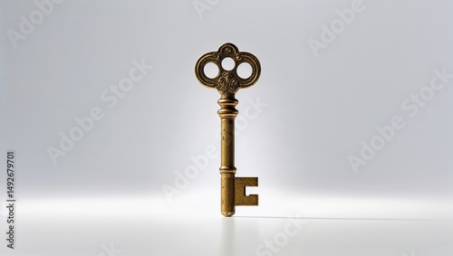 Vintage brass key standing upright on a white surface with soft lighting highlighting its intricate design and texture