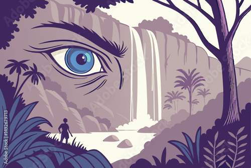 37 detailed, hyperrealistic, fantasy landscape, giant blue eye, waterfall, lush vegetation, mystical, magical, dreamlike, dramatic lighting, cinematic, epic, digital art