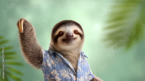 Cheerful tropical sloth donning colorful hawaiian shirt, hanging from branch and waving, embodying laid back vacation spirit amid verdant rainforest backdrop